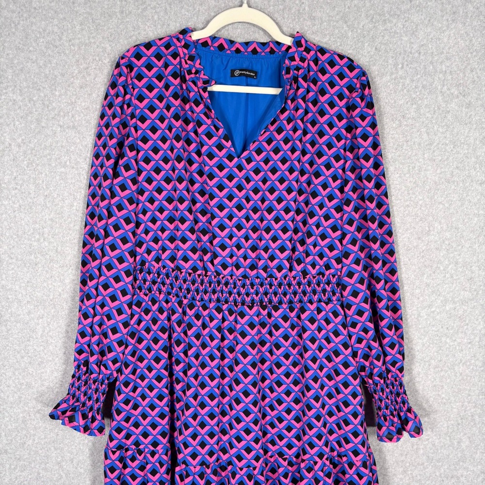 Pretty Garden Tiered Midi Dress XL Pink‎ Blue Geometric Smocked Retro Maximalist - Picture 2 of 13